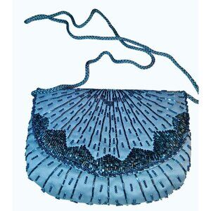 Beaded Gray Black Satin Evening Purse Clutch Crossbody Chain Strap Snap Closure